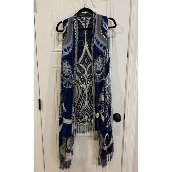 Raj Bohemian Fringe Vest One Size EUC Blue Gray Paisley Boho One Size - Picture 1 of 6